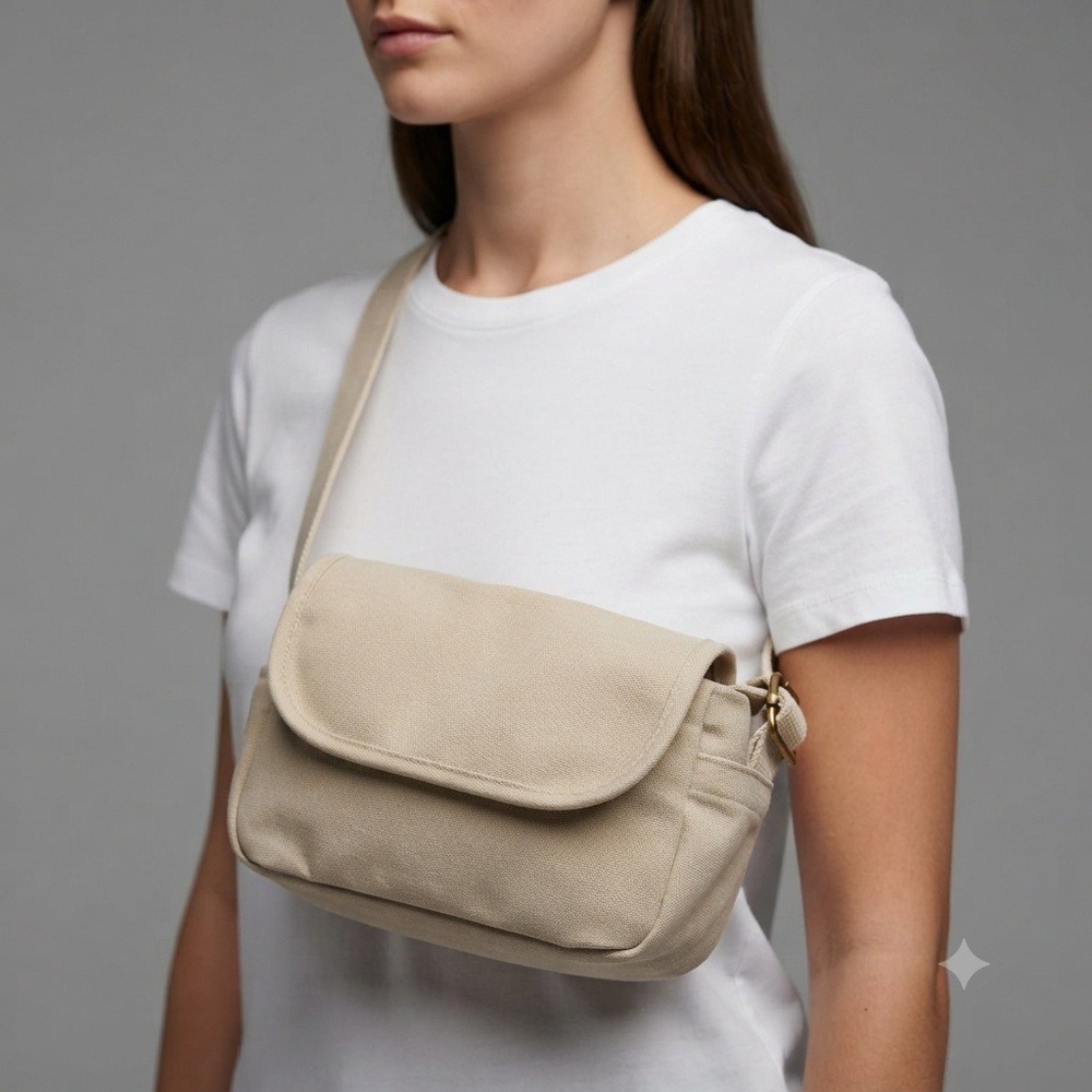 Lands End Canvas Crossbody Bag Beige Messenger Flap Small Made in USA RN 62830
